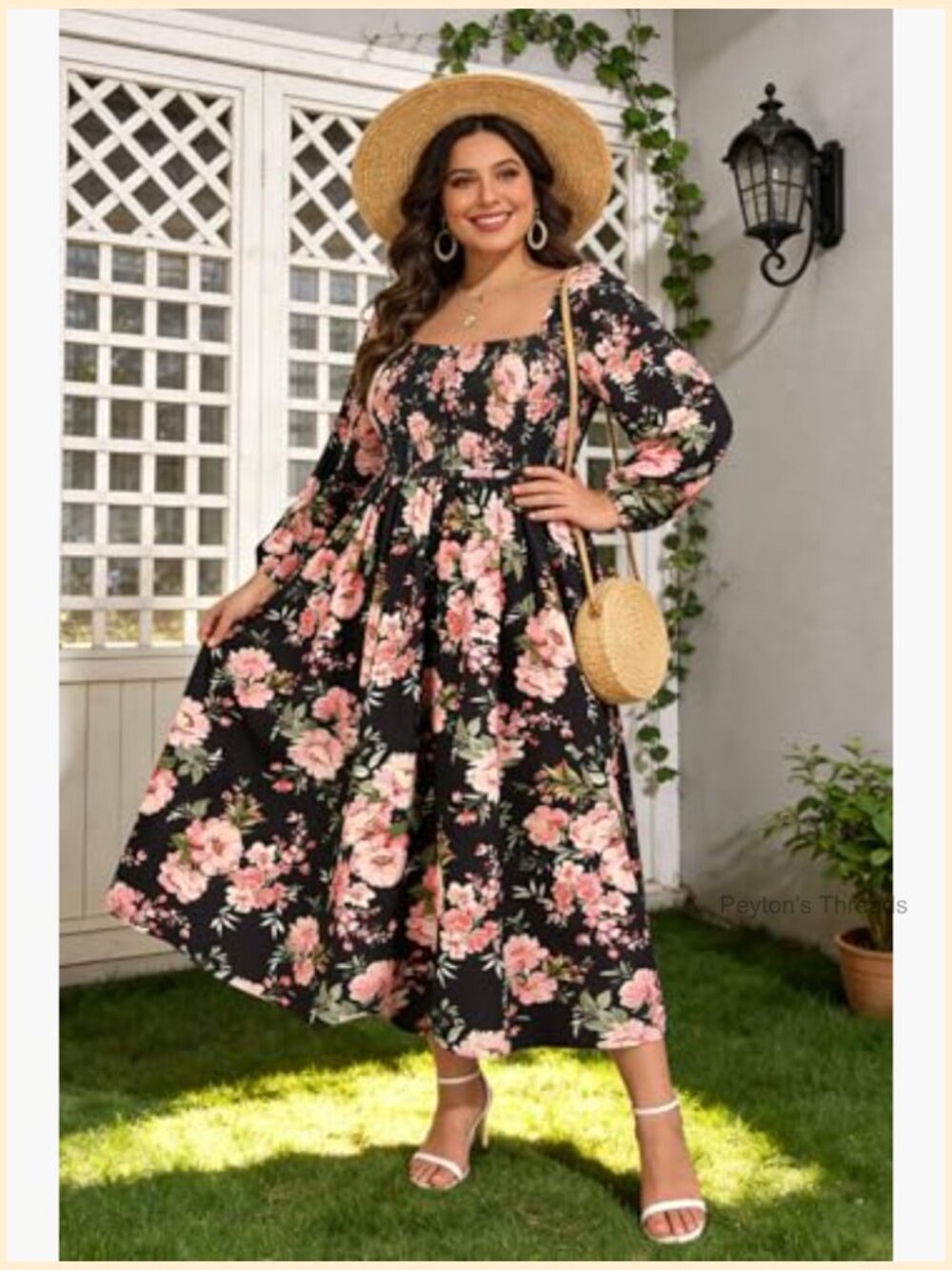 Plus Size Square Neck Long Sleeve Smocked Maxi Dress with Pockets - Picture 2 of 7